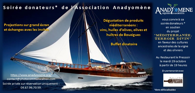 « Méditerranée, terroir divin » : Soirée des donateurs au Restaurant Le Pressoir le mardi 29 octobre